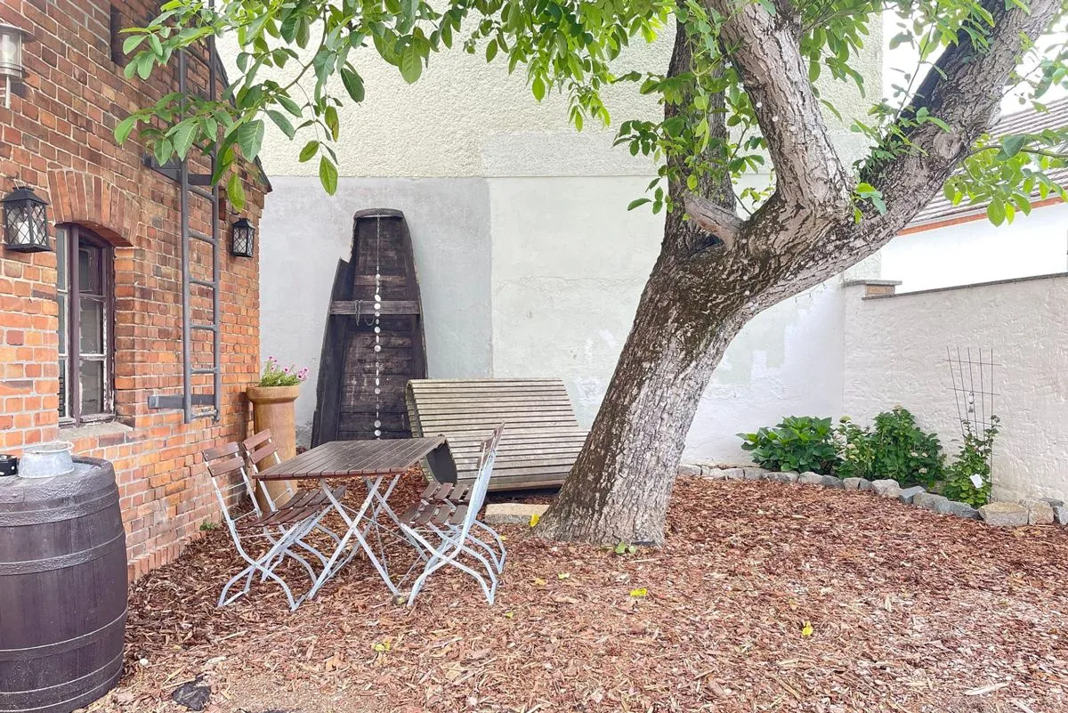 Apartment 01 – Blick in den gemeinschaftlichen Gästebereich mit Grillmöglichkeit